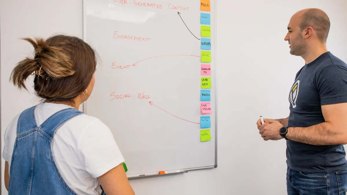 How to Write SEO Articles for Topic Clusters Team mapping content ideas on a whiteboard with sticky notes